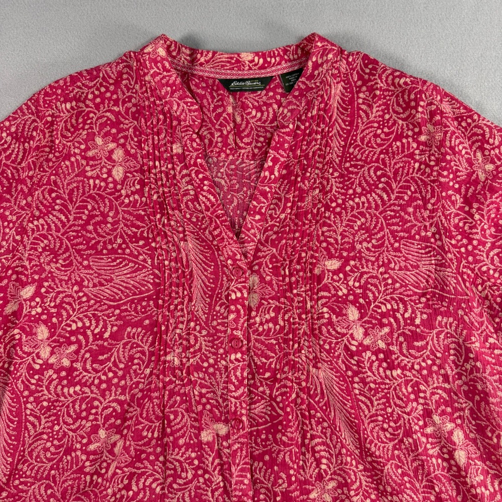 Eddie Bauer Womens Floral Pintuck Cotton Button Down Shirt XL Pink Boho Casual